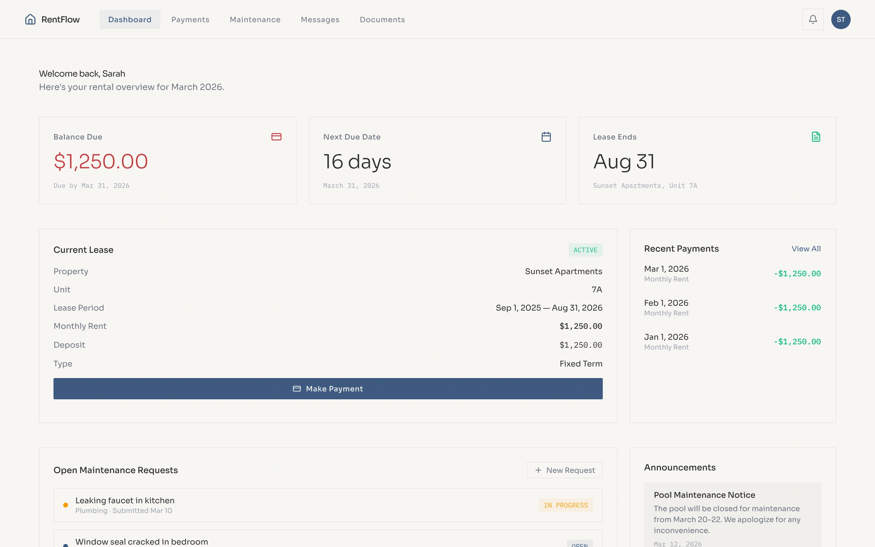 Tenant portal dashboard — balance due, lease summary, and open maintenance requests in LeasingTool
